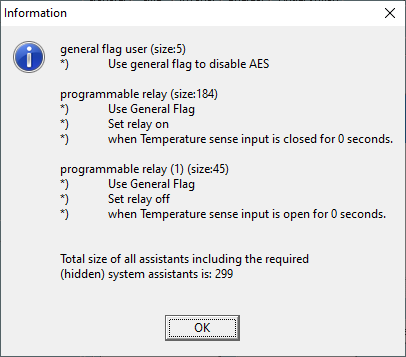 General flag user:
- Use general flag to disable AES
Programmable relay:
- Use general flag
- Set relay on
- When temperature sense input is closed for 0 seconds
Programmable relay:
- Use general flag
- Set relay off
- When temperature sense input is open for 0 seconds